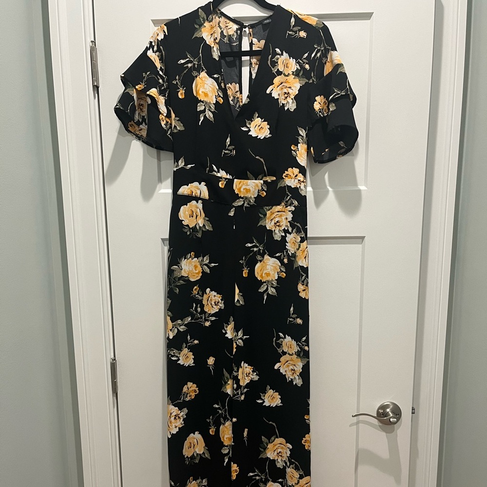 Dynamite Black Yellow Floral Jumpsuit Small Wide Leg Romper